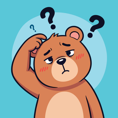 Adorable bear character facing problem solving difficulty. Puzzled unhappy brown animal scratching head feeling frustration illustration.のイラスト素材