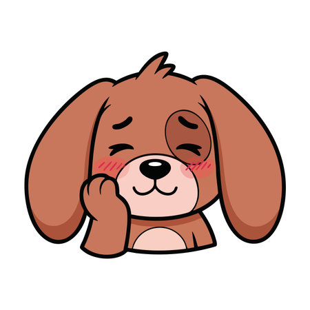 Sweet brown puppy character feeling bashful holding paw near cheek. Kawaii dog avatar with closed eyes expressing modest emotion.のイラスト素材
