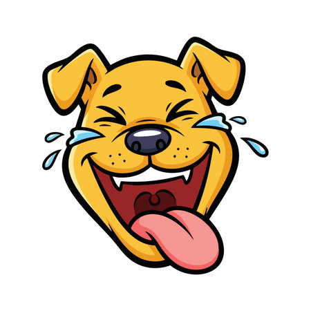 Funny puppy head mascot laughing hard crying with joyful tears wide open mouth and long tongue. Comic animal emoji design.のイラスト素材