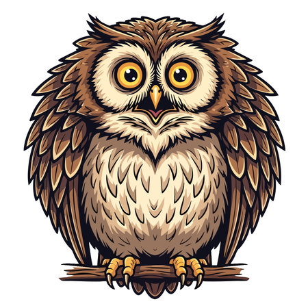 Stylized vector illustration of round owl character. Adorable bird sitting on branch looking straight ahead. Wildlife animal avatar.のイラスト素材