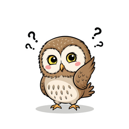 Bewildered baby owl standing and pondering serious question marks. Cute cartoon design showing confusion or curiosity.のイラスト素材