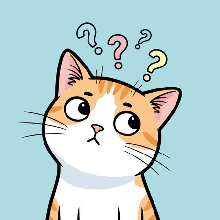 Adorable kitten portrait expressing confusion doubt. Pet animal face looking up surprised questioning thought bubble illustration.のイラスト素材