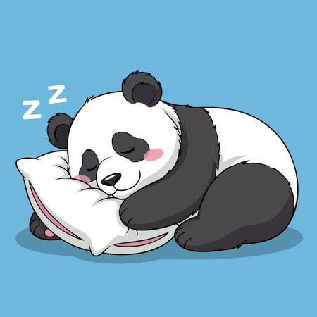 Peaceful panda sleeping on soft pillow. Adorable animal resting taking nap. Dreaming sweet slumber relaxation time.のイラスト素材