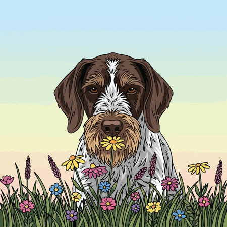 Cute dog enjoying nature in flowery field. Wirehaired Pointer holding blossom. Happy domestic animal outdoors.のイラスト素材