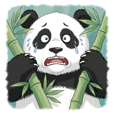 Distressed panda face weeping tears while clutching green bamboo shoots. Sad animal emotional illustration expressing grief and worry.のイラスト素材