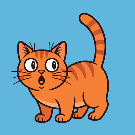 Cute kitten mascot character showing shock expression. Funny animal illustration vector standing with tail up background blue.のイラスト素材
