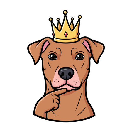 Royal cartoon dog wearing crown on white background. Pensive pet mascot character design showing deep thought or questioning.のイラスト素材