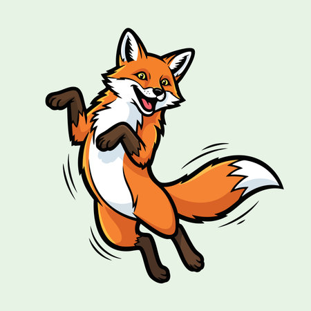 Cheerful wild fox character jumping enthusiastically. Happy animal mascot feeling joy success isolated dynamic pose illustration.のイラスト素材