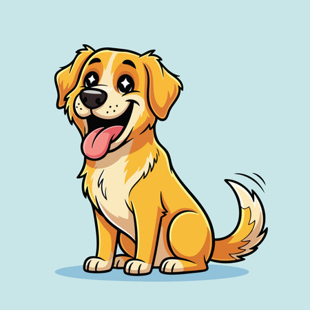 Friendly yellow dog character sitting happily with tongue out and wagging tail. Cheerful pet animal portrait on light blue.のイラスト素材