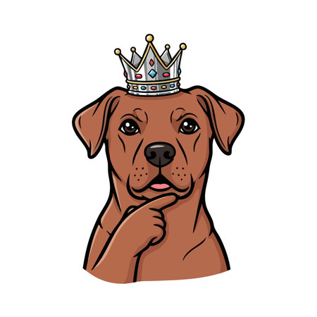 Royal dog character wears fancy crown illustration. Thoughtful canine portrait shows brown breed puppy thinking pose artwork. King pet.のイラスト素材