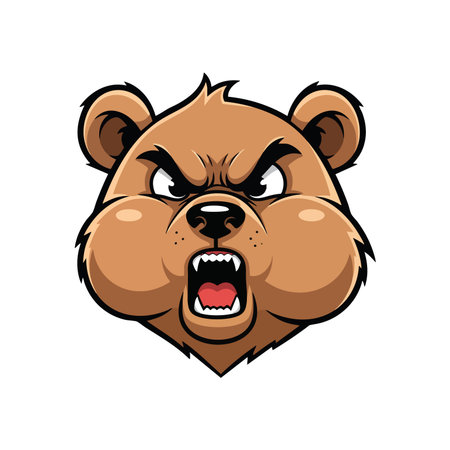 Fierce growling bear face vector illustration. Aggressive forest animal mascot avatar. Grizzly predator roaring head graphic.のイラスト素材