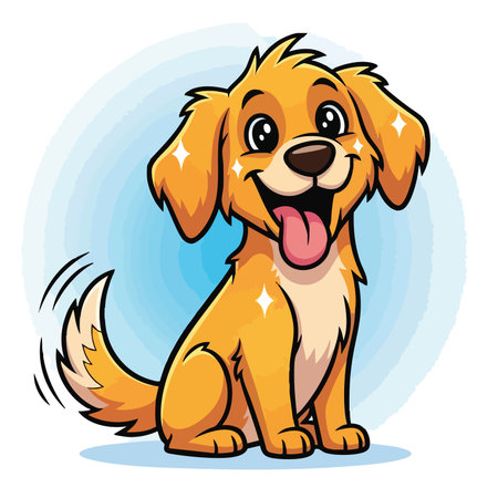 Cute golden retriever puppy illustration wagging tail. Joyful dog mascot character sitting happy with tongue out on blue background.のイラスト素材
