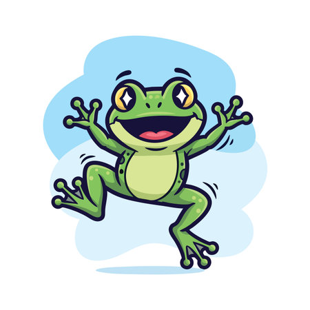Energetic green amphibian character leaping high with enthusiasm and big grin. Cute frog mascot celebrating success and feeling ecstatic blue background.のイラスト素材
