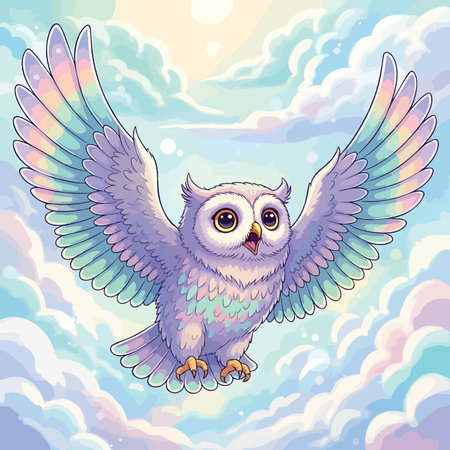 Cute white owl with expansive rainbow colored wings soaring high in beautiful blue sky among fluffy clouds sunshine atmosphereのイラスト素材