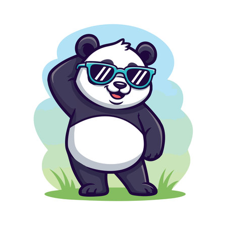 Cute panda mascot wearing shades standing on grass background. Happy cheerful animal enjoying sunny day. Wildlife character illustration.のイラスト素材