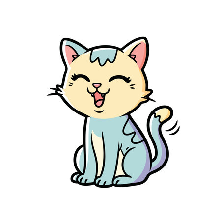 Cheerful friendly kitty mascot sitting down. Smiling animal raising paw waving glad. Cute pet illustration drawing graphic.のイラスト素材