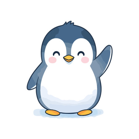 Chubby little penguin waves hello happily. Cheerful cute arctic bird character standing simple style vector illustration.のイラスト素材