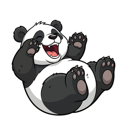 Cute panda lying down and giggling. Happy smiling cartoon character mascot expressing joy and fun. Vector illustration style.のイラスト素材
