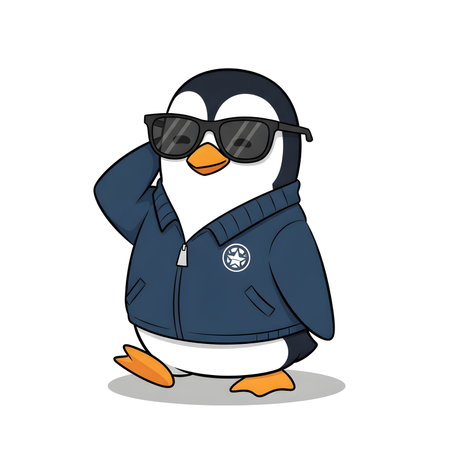 Cool penguin character wearing trendy sunglasses. Confident animal mascot dressed in stylish jacket. Fashionable vector illustration.のイラスト素材