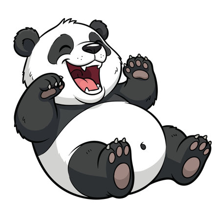 Cute laughing panda bear cartoon mascot character sitting happy with big belly. Funny animal smiling wide open mouth joyfully.のイラスト素材