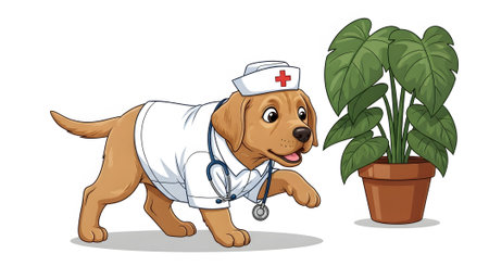 Young labrador puppy dressed as nurse examining indoor plant. Cute animal trainee wearing medical coat and stethoscope explores environment with curiosity.の素材