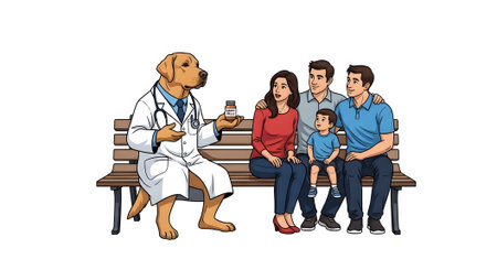 Dog veterinarian explaining medicine bottle happy pills to smiling family sitting on wooden bench. Pet providing therapeutic emotional support.の素材