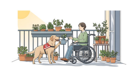 Assistance animal helps physically disabled individual with gardening task. Labrador brings watering can to owner on apartment balcony. Daily living support.の素材