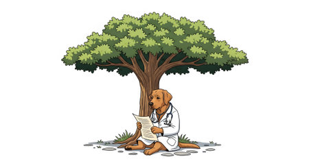 Professional dog wearing doctor coat and stethoscope sits peacefully under large shady tree. Veterinarian studying medical report outdoors nature scene.の素材