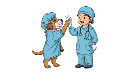 Happy doctor and dog in surgical scrubs celebrating success Teamwork achievement in clinical setting Human and animal partnership high five.の素材