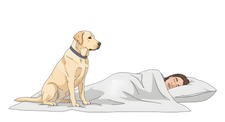 Calm yellow Labrador service dog sitting beside woman sleeping peacefully Assistance animal providing comfort emotional support companion alert dog watching owner.の素材