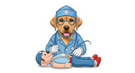 Little surgeon puppy operating on patient doll figure. Doctor dog wears scrubs glasses and cap administering medical treatment. Pediatric healthcare concept.の素材