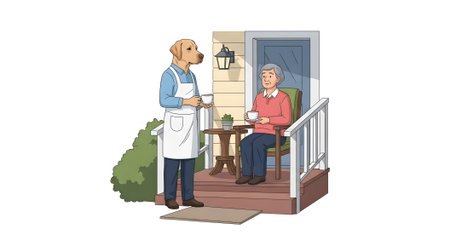 Golden retriever caregiver offering beverage to elderly client. Labrador dog dressed in apron provides domestic service and elderly support outside house.の素材