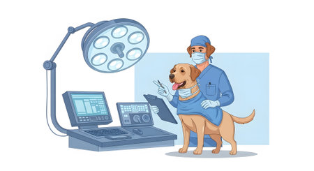 Veterinarian team preparing for surgery. Labrador doctor and surgical assistant standing near medical monitors and bright operating lamp. Professional animal medicine.の素材