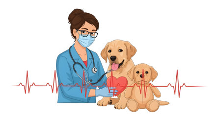 Dedicated veterinary doctor examining adorable small Labrador puppy and toy with stethoscope focused on heart health during regular medical checkup showing electrocardiogram heartbeat rhythm.の素材