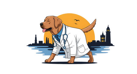 Professional doctor dog walking confidently through cityscape. Labrador retriever wearing medical coat and stethoscope with sunset background.の素材