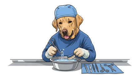 Professional Labrador surgeon cleaning equipment before operation. Dog wears scrubs and cap washing tools for sterilization. Veterinary surgical prep concept.の素材