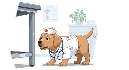 Cute puppy nurse mascot with stethoscope prepares for checkup. Dog walks confidently into sterile veterinary clinic examination room.の素材
