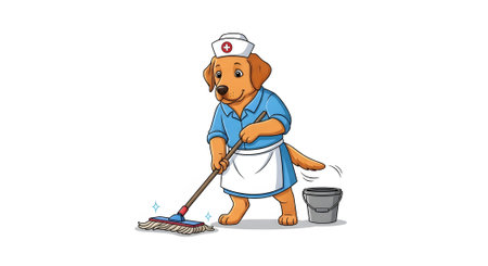 Responsible dog janitor maintenance staff diligently cleaning floor cartoon illustration service worker hygiene worker hospital cleaning service pet.の素材