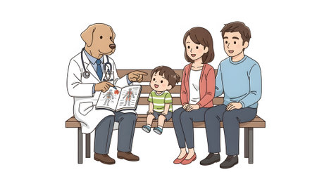 Dog doctor discussing human anatomy with family sitting on bench. Friendly animal professional doctor explaining health to parents and kid. Pediatric consultation.の素材