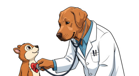 Professional animal doctor dog examines small furry patient. Squirrel looks up smiling during health checkup. Vet medicine illustration concept.の素材
