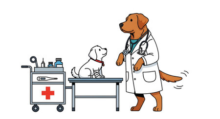 Labrador vet doctor uses stethoscope examining small white injured puppy on examination table. Professional animal healthcare scene clinic room.の素材