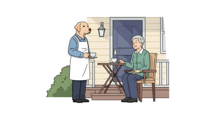 Dog companion acting as waiter serving tea coffee to happy senior woman Assistance animal provides support hospitality on cozy porch.の素材