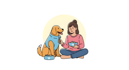 Caring owner feeds loyal dog. Female pet sitter gives meal to beloved golden retriever. Friendship and pet ownership concept. Healthy animal nutrition.の素材
