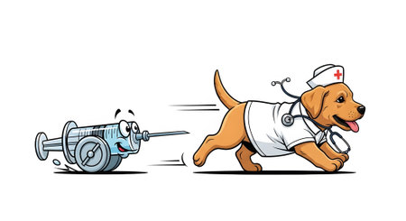 Fast running nurse dog hero mascot ready for action Syringe character pursues healthcare professional Fun medical illustration concept vaccination.の素材