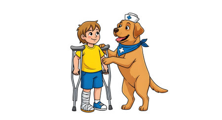 Friendly service animal dog comforts young boy needing assistance walking. Therapy dog helps child recovering from leg injury with support.の素材