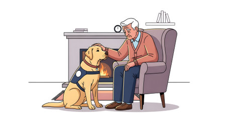 Senior man petting loyal service dog companion sitting cozy armchair fireplace safety support animal retirement life emotional connection comfort pet.の素材