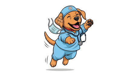 Cheerful adorable puppy veterinarian jumping joyfully Wearing medical scrubs stethoscope mask and bandage celebrating success professional care.の素材