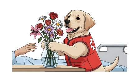 Cute therapy dog volunteer bringing cheerful flowers hospital patient fast recovery animal assisted therapy visit mascot cartoon illustration.の素材