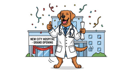 Successful golden retriever veterinarian doctor celebrates achievement. Animal professional stands smiling outside hospital building. Grand opening successful ceremony.の素材