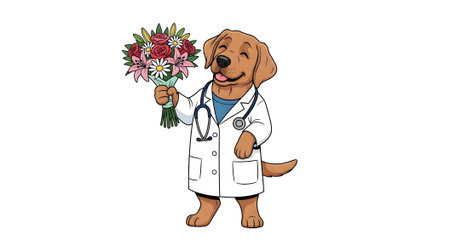 Veterinarian dog wearing medical uniform holding beautiful flower bouquet illustration. Cute mascot expressing gratitude and caring for pet health.の素材